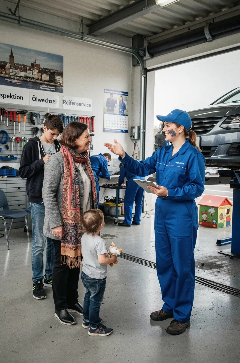 Autoservicezentrum mit mehreren Fahrzeugen, die gleichzeitig routinemäßige Wartungen erhalten.